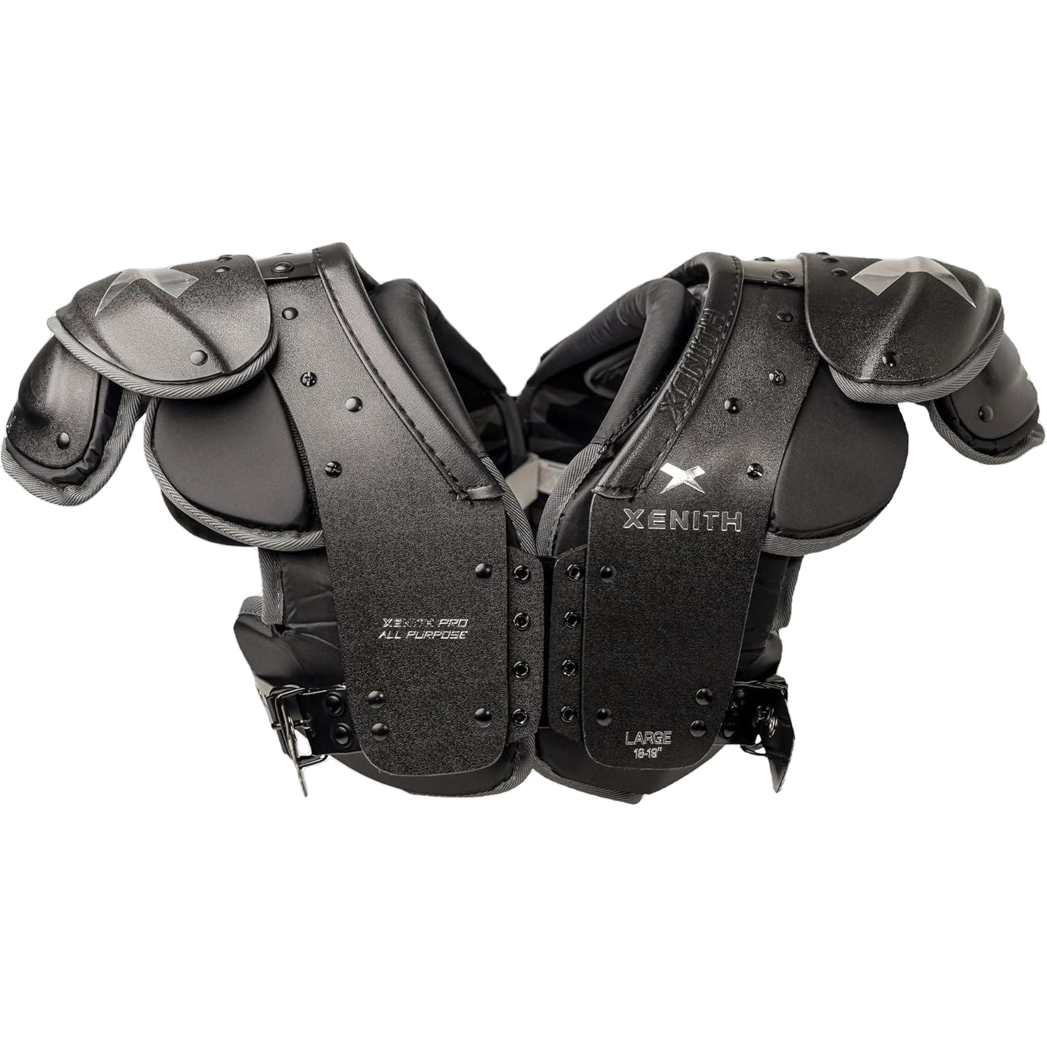 Xenith Pro Varsity all-purpose black football shoulder pads with adjustable fit and shock-absorption features
