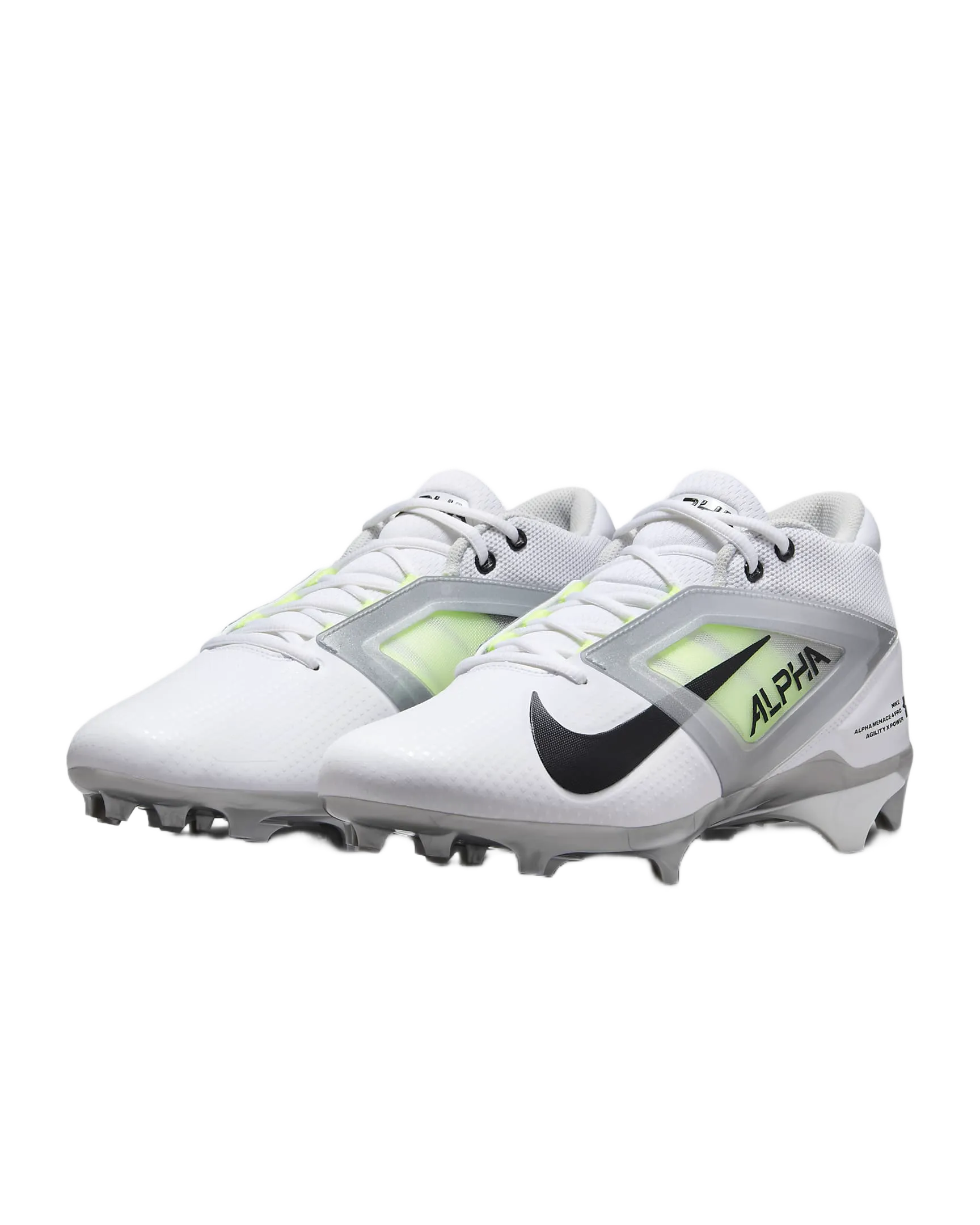 Weiße Nike Alpha Menace 4 Pro Football-Stollenschuhe mit schwarzem Swoosh und neon-grünen Akzenten, entwickelt für Langlebigkeit und Atmungsaktivität.