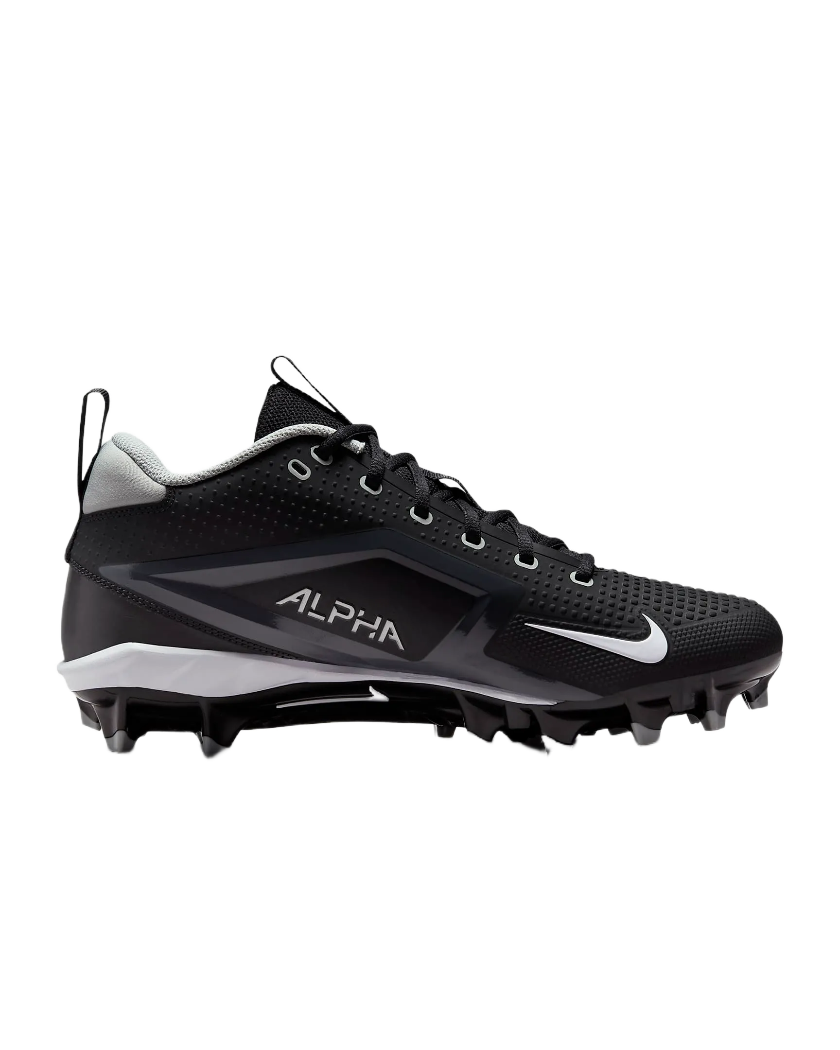Nike Alpha Menace Varsity 4 black football cleat with Nike swoosh and ALPHA branding designed for agility and impact.