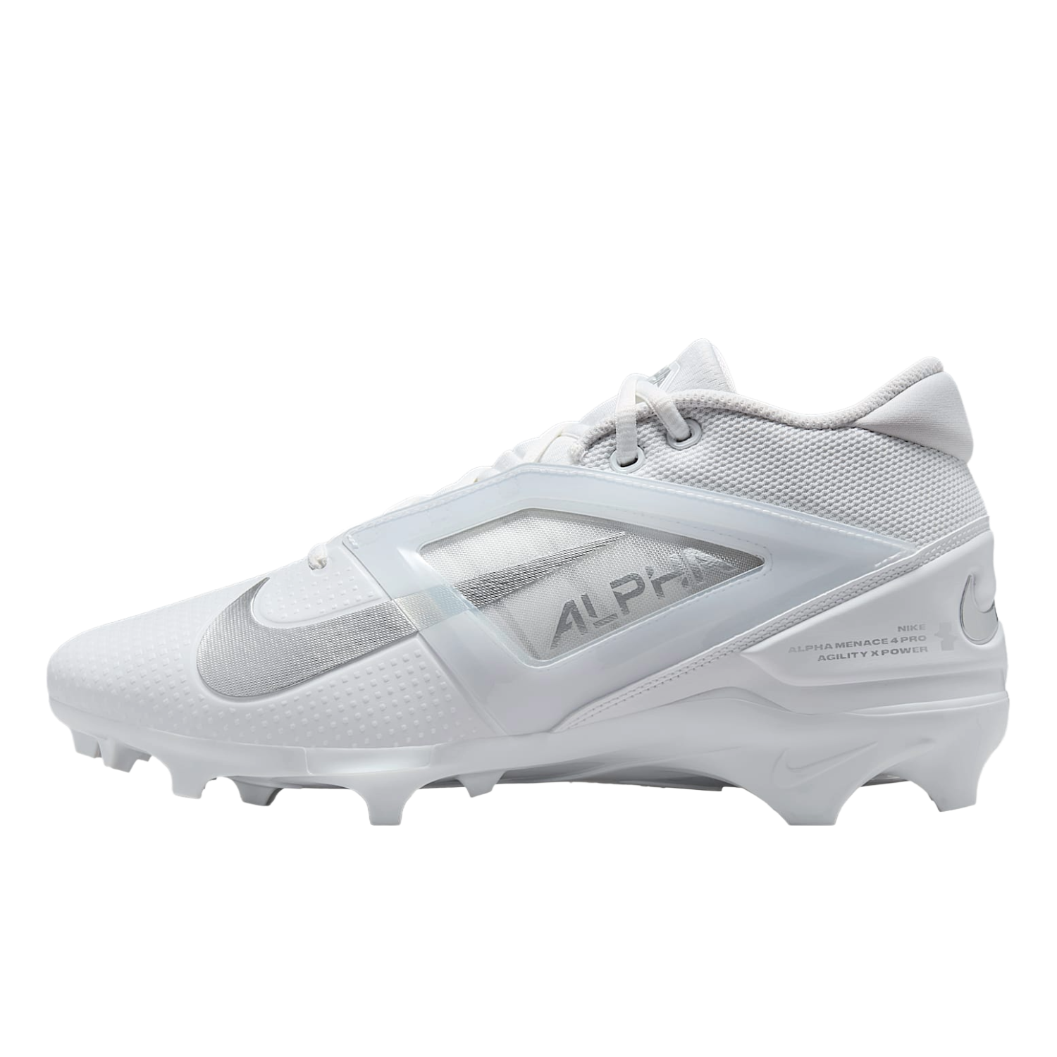 Weißer Sportschuh mit 'Alpha'-Branding auf weißem Hintergrund