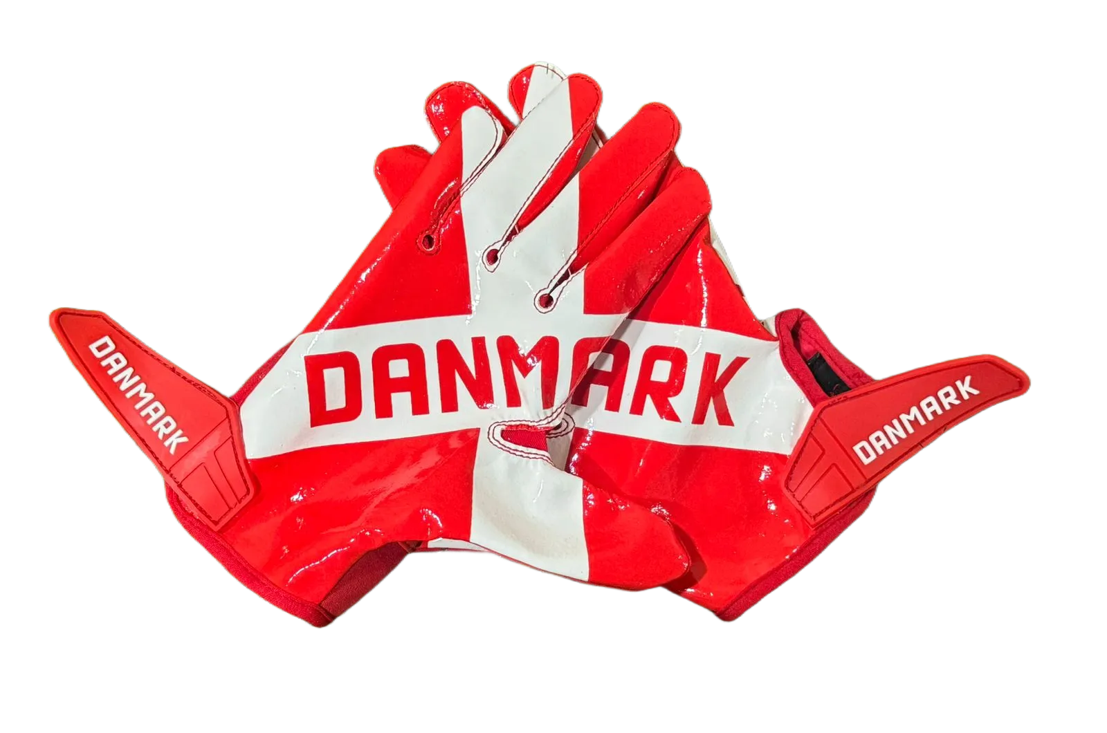 Reyrr ELITE Nordic Edition football gloves in Denmark flag design with Vapor-Stick Grip Technology and breathable, flexible material for all-weather performance.