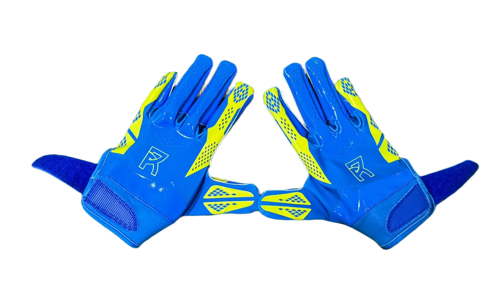 Blue and yellow Reyrr ELITE Nordic Edition football gloves with Vapor-Stick Grip Technology and perforated breathable design.