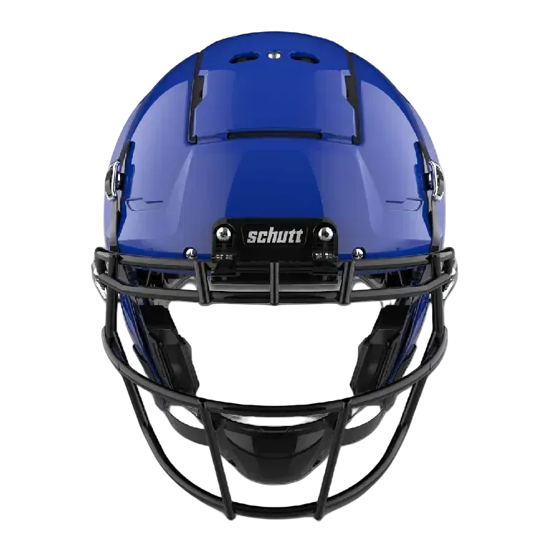 Front view of a blue Schutt F7 VTD football helmet with black faceguard and chin strap