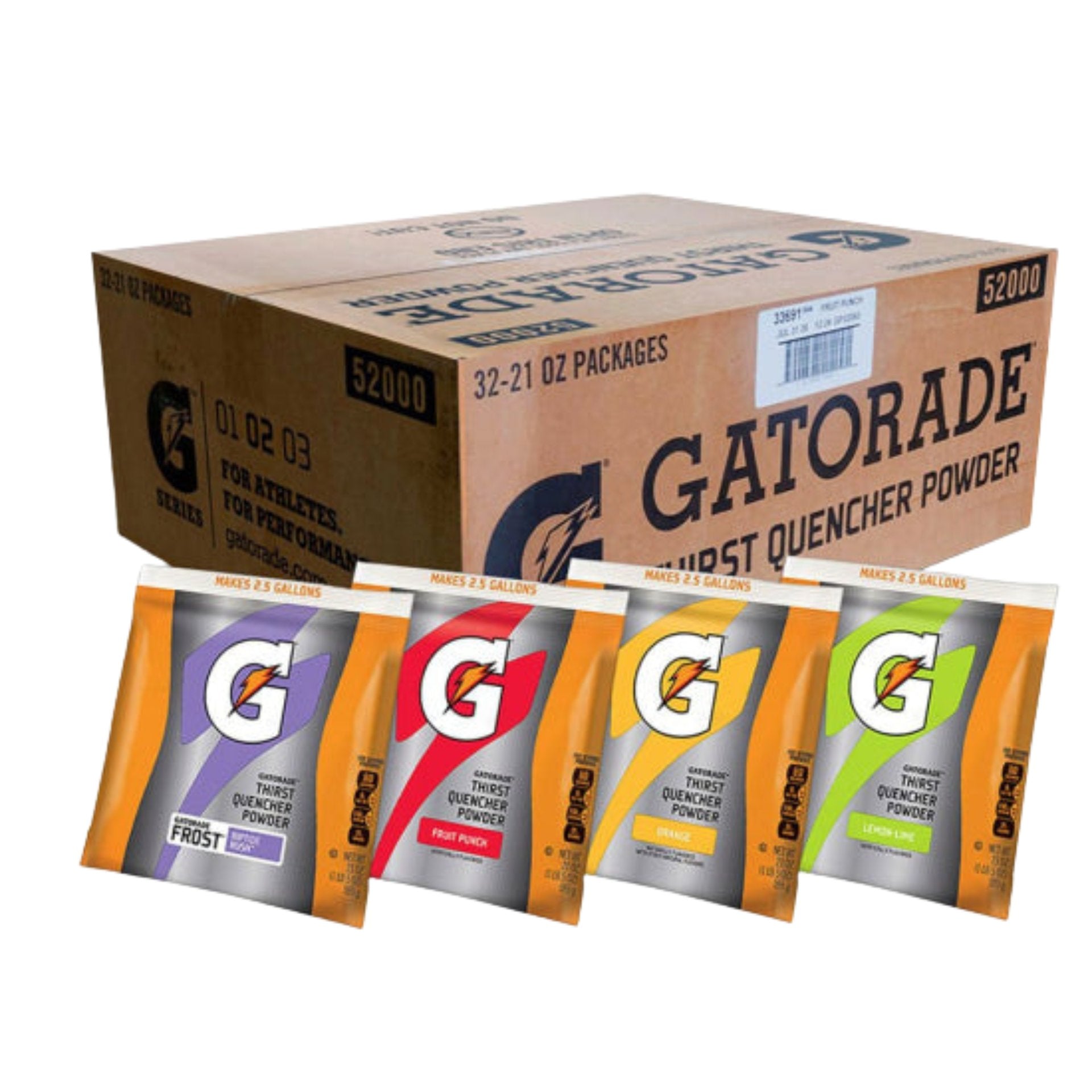 Gatorade powder packages in front of a large cardboard box