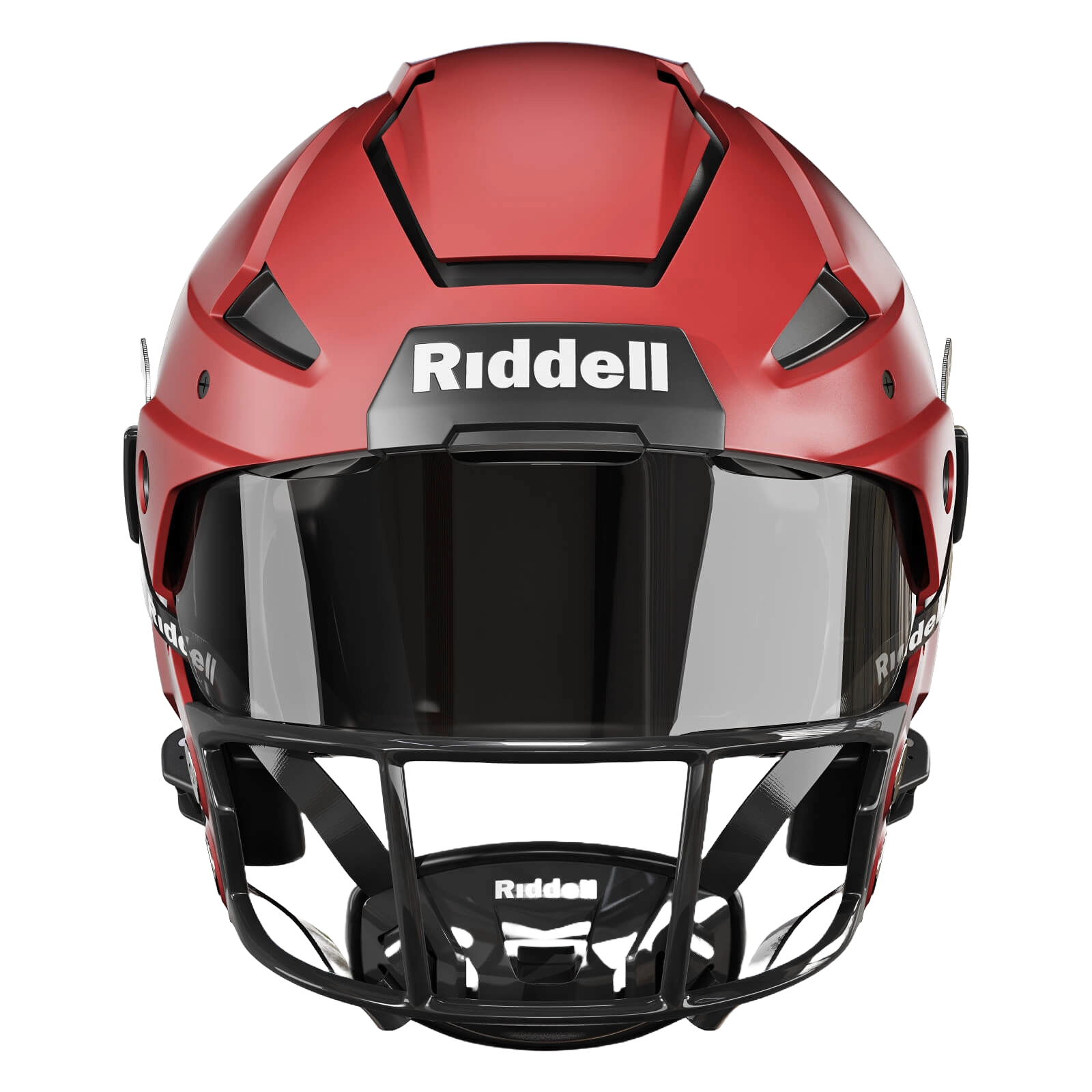 A red Riddell Axiom football helmet with a black facemask.
