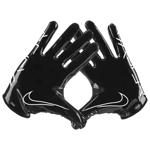 Black Nike Vapor Jet 7 football gloves with white swoosh logo and Magnigrip+ palm for enhanced grip and breathable design.