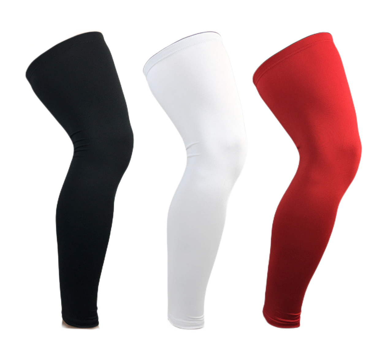 Set of three Reyrr Pro Leg Sleeves in black, white, and red with compression knit fabric for muscle support and recovery.