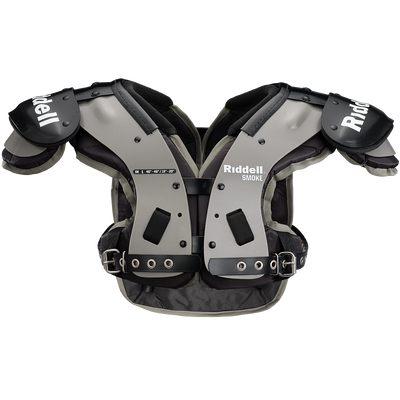 Riddell Smoke SK football shoulder pads with flat pad design, swivel front, swim cut arches, and back plate included.