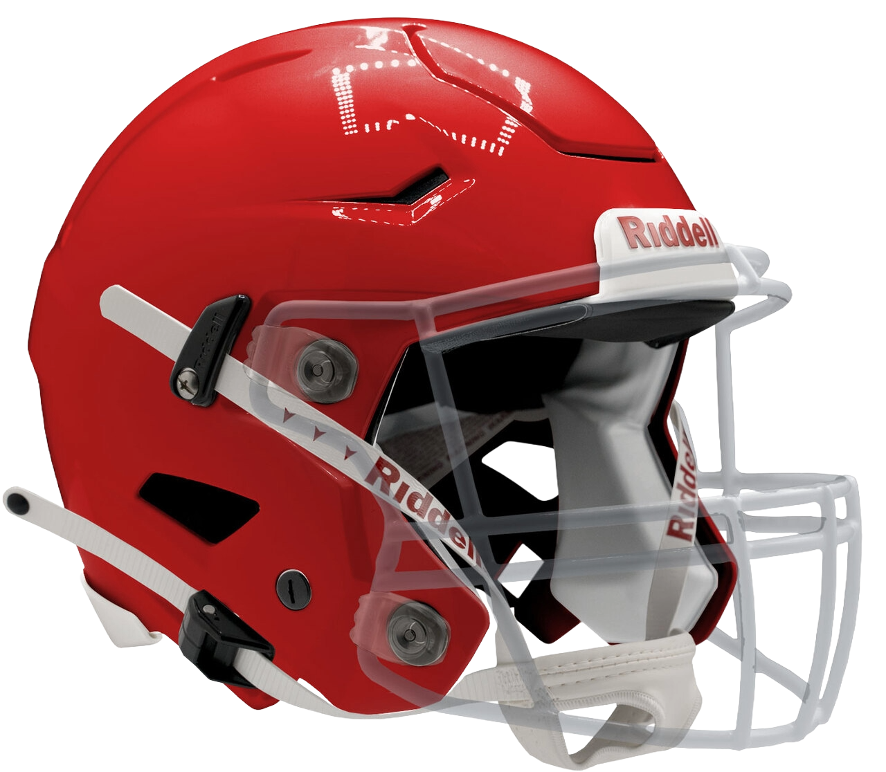 Red football helmet with white face mask on a white background