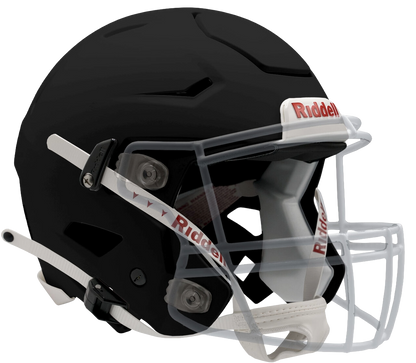 Black Riddell SpeedFlex football helmet with white facemask and red Riddell branding on a transparent background.