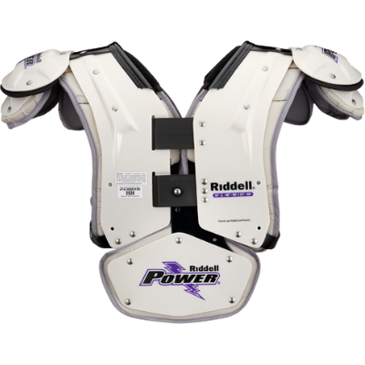 Riddell SPK+ AP 2024 white football shoulder pads with integrated RipKord removal system and STAC shoulder protection.