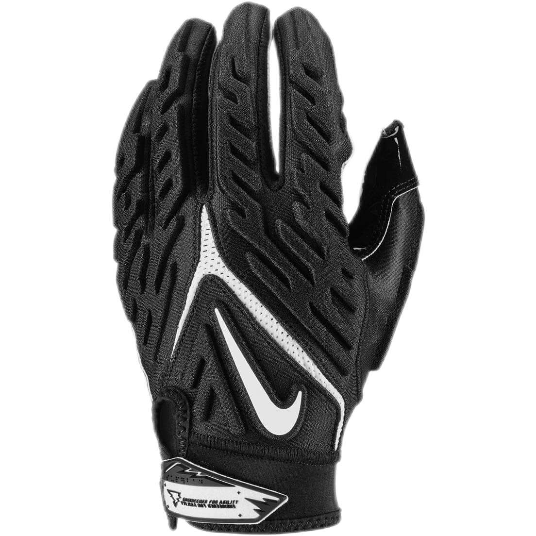 Black Nike Superbad 6.0 football glove with protective padding, breathable stretchy fabric, Magnigrip palm, and adjustable wrist strap.