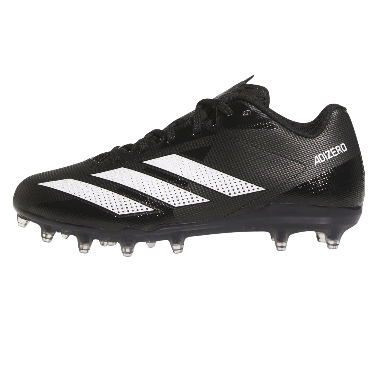 Adidas Adizero Electric 2 Youth football cleats in black and white with lightweight low cut design and molded studs for speed and traction on the field