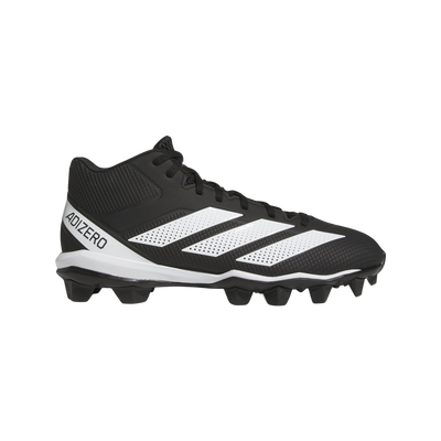 Adidas Adizero Impact.2 molded football cleats in black with white three stripes, lateral view