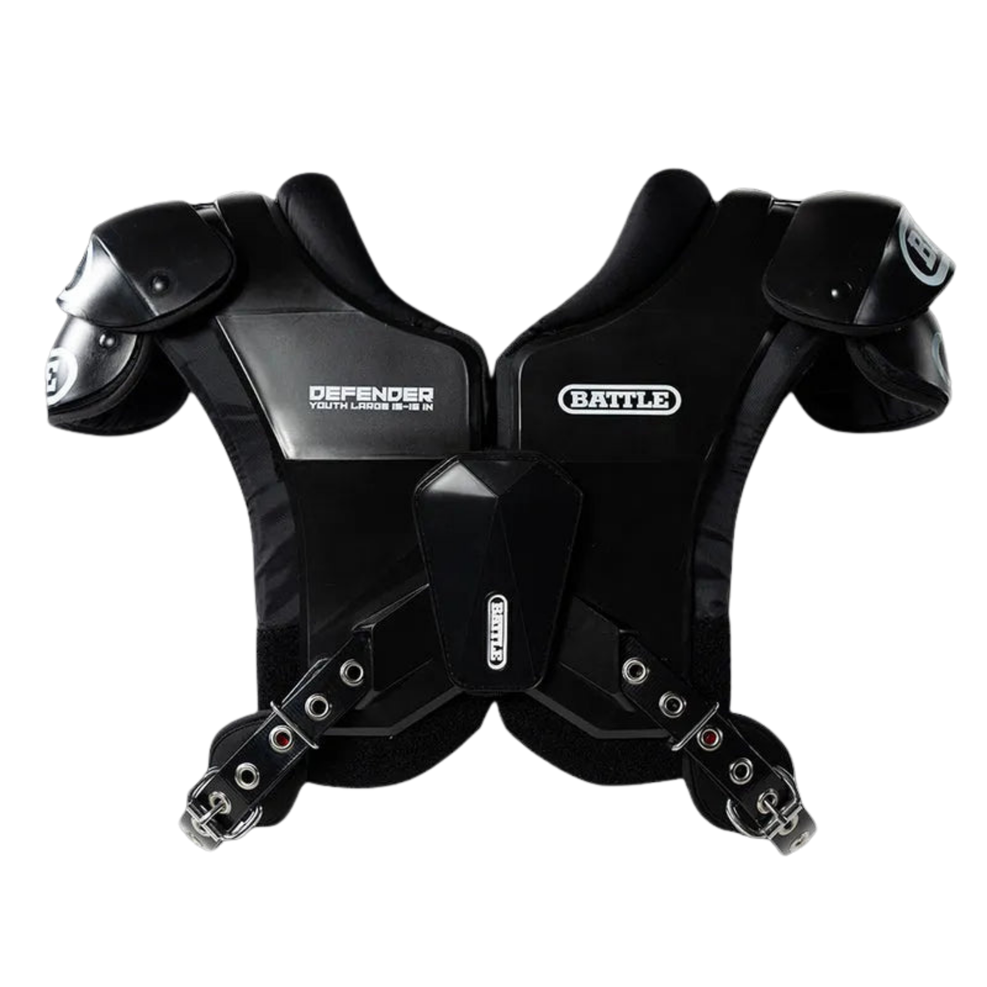 Battle Defender shoulder pads black — front view with epaulettes, moulded sternum plate and buckled belt straps