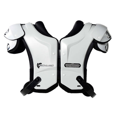 Battle Defender Adult shoulder pads in white and black, back view