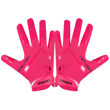 Reyrr Zero Colorway Edition bright pink football gloves with GripTech palm and adjustable neoprene cuff for secure fit and superior ball control.