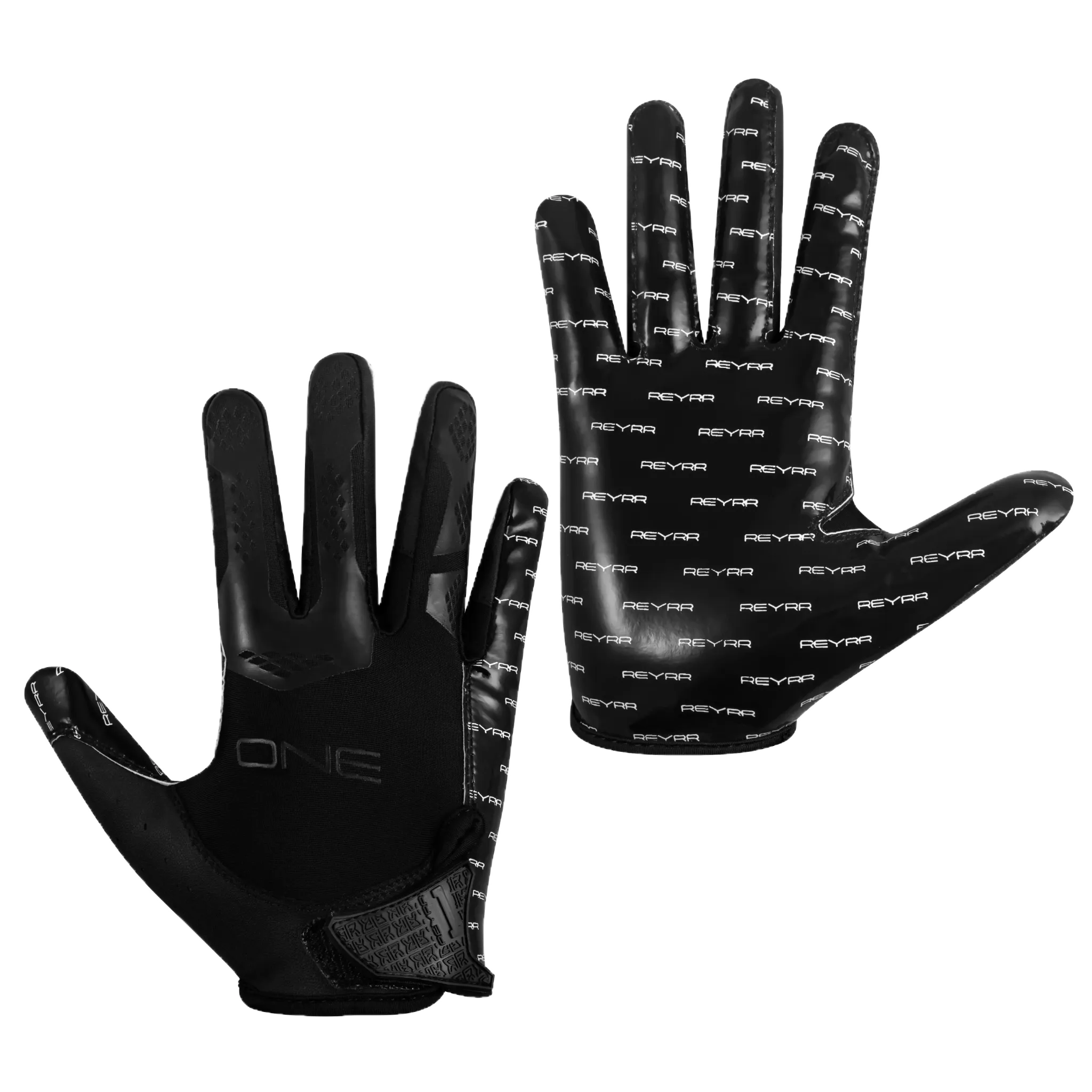 Pair of black Reyrr ONE gloves with GripTack Pro palm technology and breathable nylon back, designed for superior grip and comfort in athletic performance.