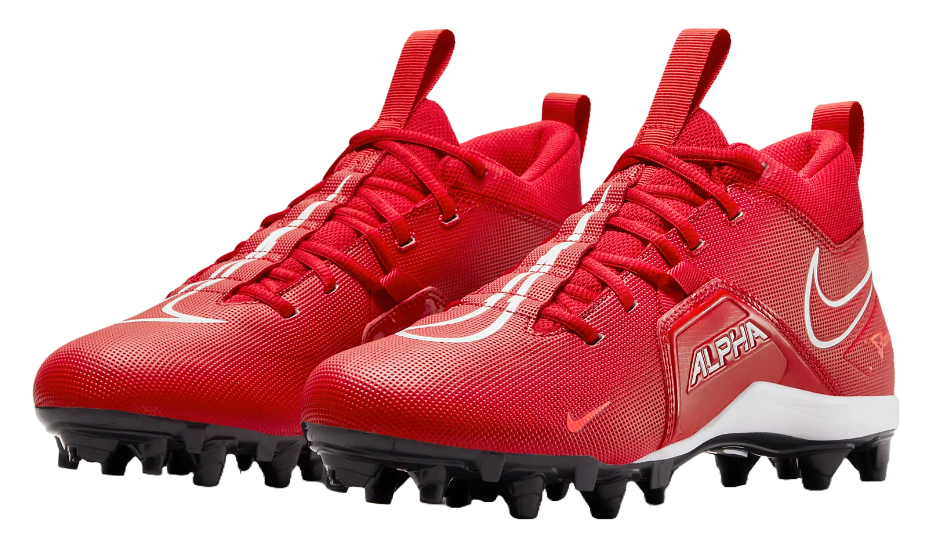 Red Nike Alpha Menace Varsity 3 football cleats with black studs and white Nike swoosh logo