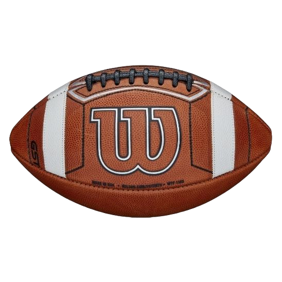 Wilson GST Prime brown American football with white stripes and black laces, featuring enhanced grip and control design.