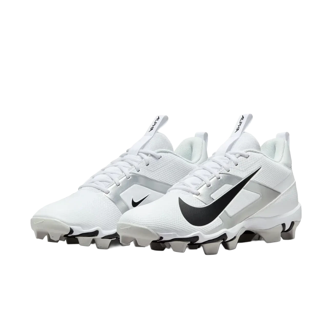 Nike Alpha Menace 4 Shark white football cleats with black swoosh and durable synthetic leather design