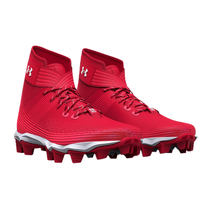 Red Under Armour Highlight football cleats with high-top design and aggressive rubber molded cleats for traction and support