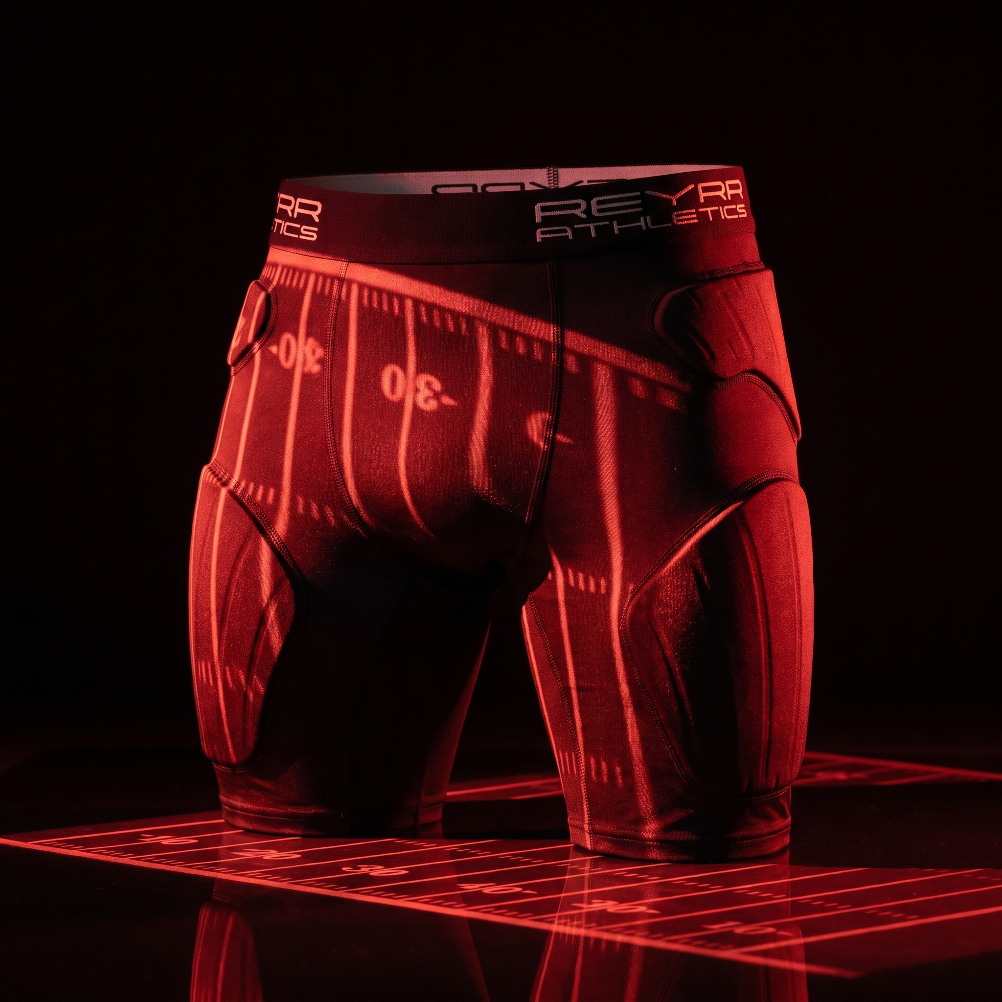 Red athletic compression shorts with a football field yard line graphic, featuring a padded design and the brand name 'REYR ATHLETICS' on the waistband, set against a dark background with red projected grid lines.