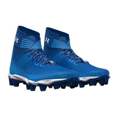 Blue Under Armour Highlight football cleats with synthetic upper and rubber molded cleats for traction and support