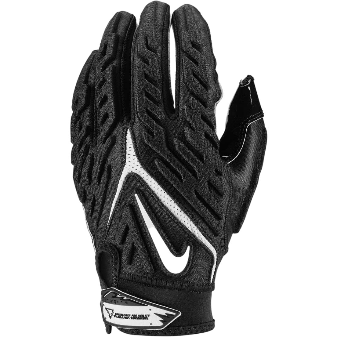 Black and white Nike Superbad 6.0 football gloves with padded back, Magnigrip palm, and adjustable wrist strap