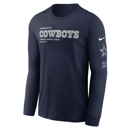 Navy long-sleeve shirt with 'Cowboys' text and Nike logo on a white background