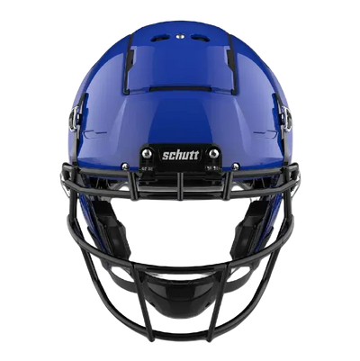 Front view of a blue Schutt F7 VTD football helmet with black faceguard and chin strap