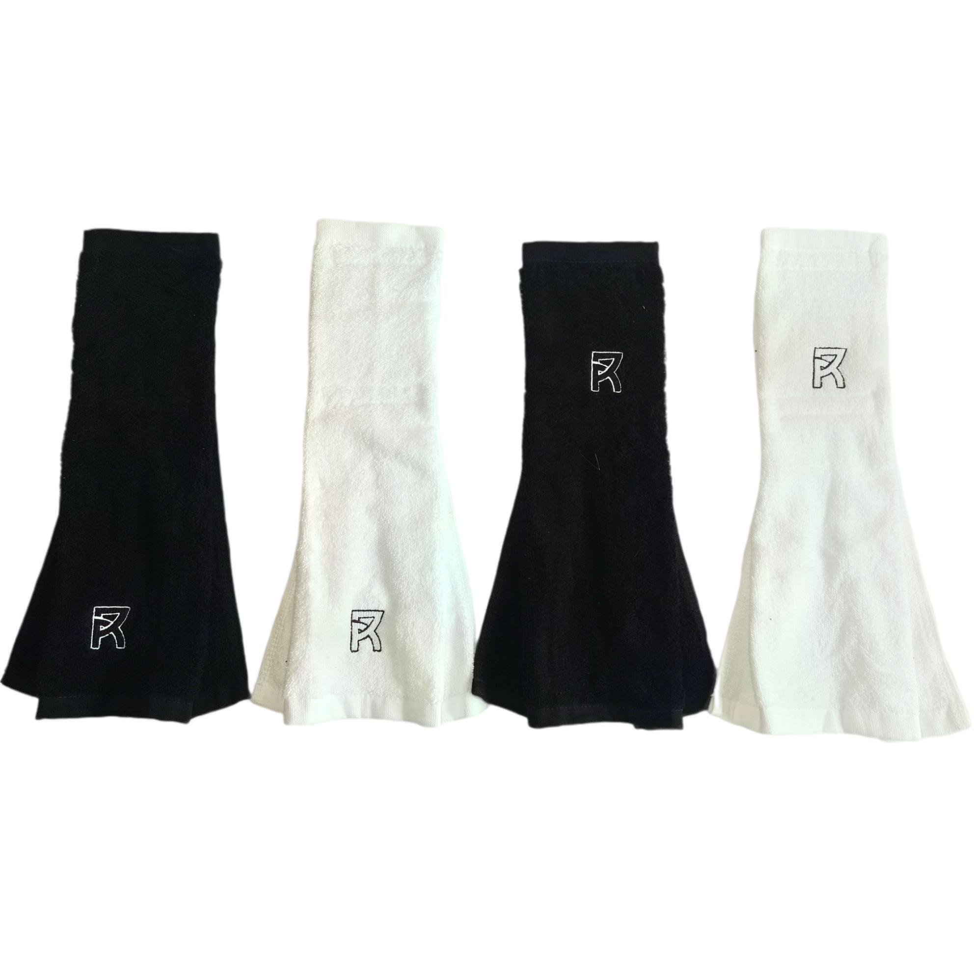 Reyrr Gameday Towel set with black and white 100% cotton towels featuring velcro straps and embroidered logo.