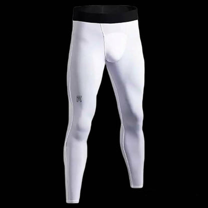 White Reyrr Flex Dri-fit leggings with black waistband, tight fit, moisture-wicking and breathable athletic wear.