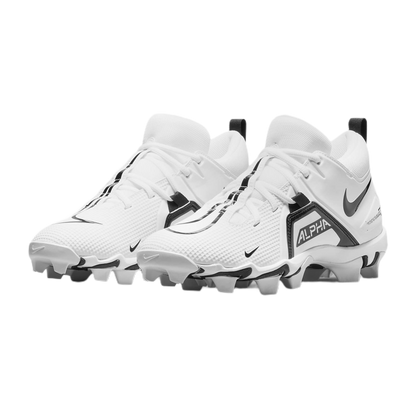 Nike Alpha Menace Shark 3 football cleats in white with black accents, synthetic leather uppers, molded front details, and rubber-studded soles for traction and flexibility.